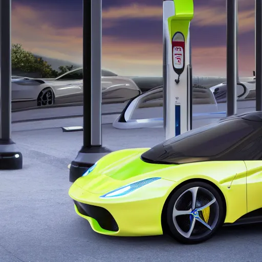 Image similar to a closeup photorealistic photograph of a futuristic electric ferarri concept ev charging in silicon valley at drive in charger. bright scene, silicon valley. fine detail. this 4 k hd image is trending on artstation, featured on behance, well - rendered, extra crisp, features intricate detail, epic composition and the style of unreal engine.