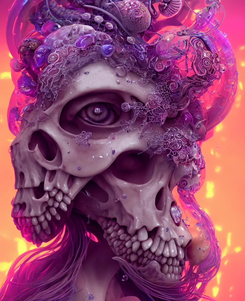 Image similar to goddess princess face close-up portrait ram skull. jellyfish phoenix head, nautilus, orchid, skull, betta fish, bioluminiscent creatures, intricate artwork by Tooth Wu and wlop and beeple. octane render, trending on artstation, greg rutkowski very coherent symmetrical artwork. cinematic, hyper realism, high detail, octane render, 8k