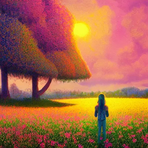 Prompt: girl made from surreal flowers, standing in flower field, big trees, sunrise dramatic light, impressionist painting, colorful clouds, digital painting, pointillism, artstation, simon stalenhag