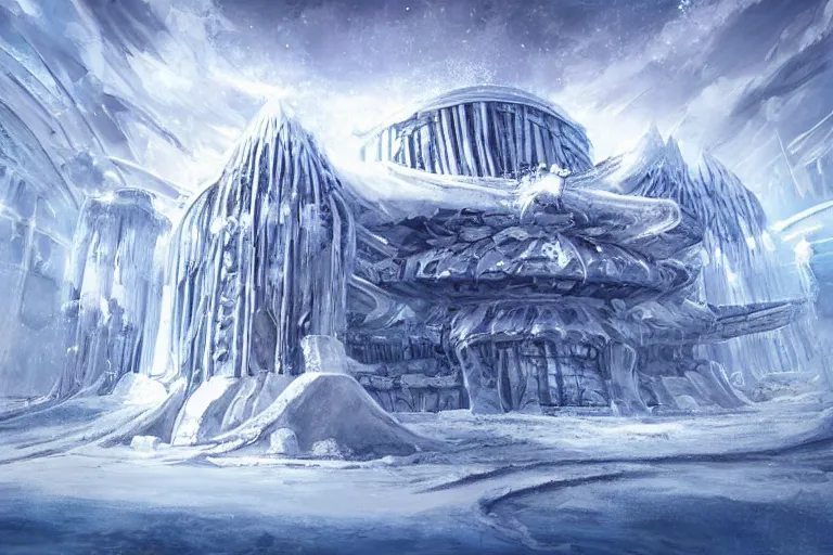 Image similar to “Alien ice palace architecture in frozen sea concept art painting by Das Eismeer”