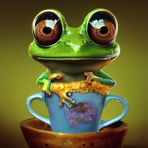 Prompt: long shot of a crazy cute frog baby sitting in a searose cup, by esao andrews, by m. w. kaluta, very humorous illustration, small depth of field, perspective perception, volumetric light, psychedelic colors, 3 d octane render, 8 k, conceptart, hyperdetailed, hyperrealistic, trending on artstation