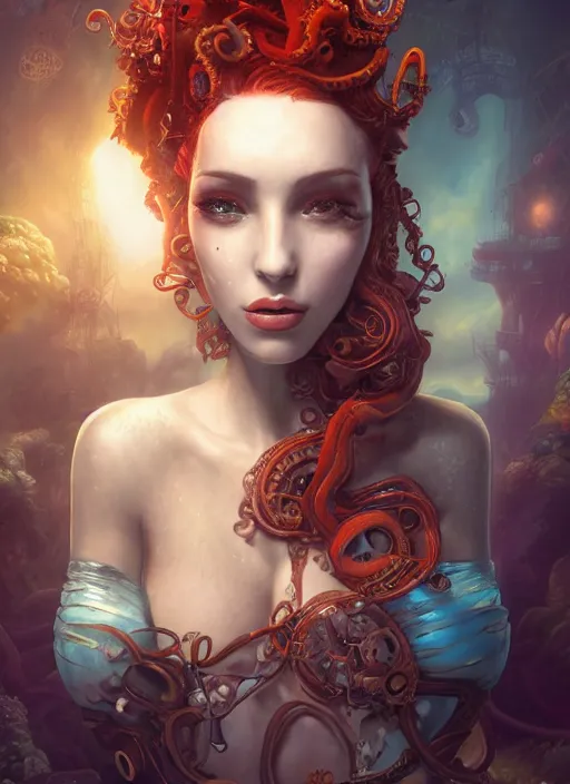 Image similar to underwater steampunk portrait of arianna grande, red hair, octopus, hyper detailed, digital art, cinematic lighting, studio quality, smooth render, unreal engine 5, octane rendered, art style by klimt and nixeu and ian sprigger and wlop and krenz cushart.