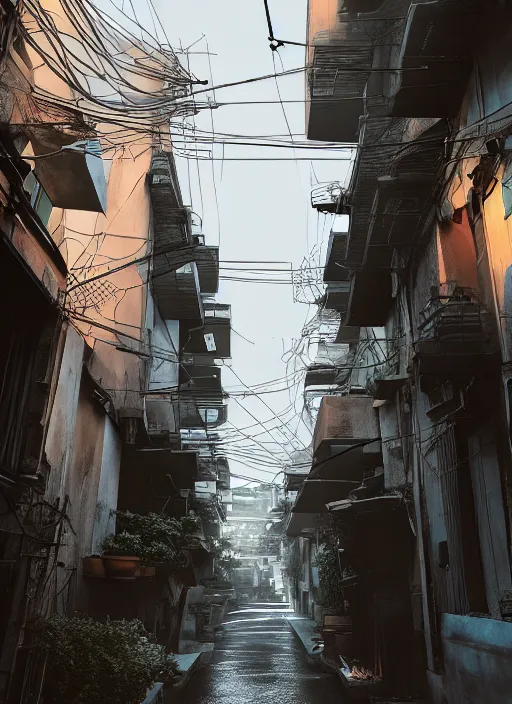 Image similar to hanoi alleyway, unreal engine 5, keyshot, octane, artstation trending, ultra high detail, ultra realistic, cinematic, 8 k, 1 6 k, in style of zaha hadid, in style of nanospace michael menzelincev, in style of lee souder, in style of photogrammetry cloud, in plastic, dark, tilt shift