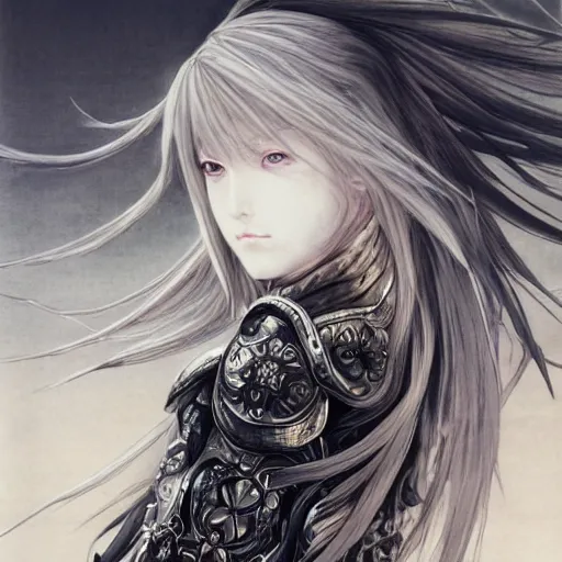 Prompt: Yoshitaka Amano realistic illustration of an anime girl with wavy white hair fluttering in the wind and cracks on her face wearing Elden ring armour with the cloak, abstract black and white patterns on the background, noisy film grain effect, highly detailed, Renaissance oil painting, weird portrait angle