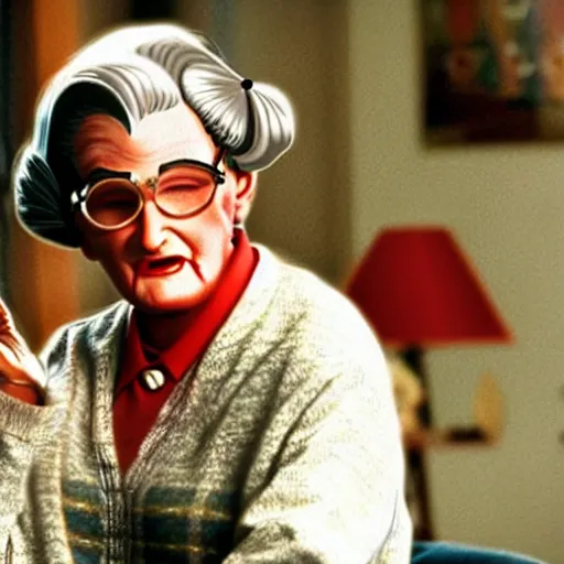 Image similar to mrs. doubtfire played by snoop dogg saying hello