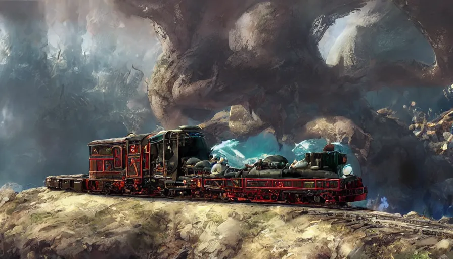 Image similar to craig mullins and ghibli digital illustration of a dragon train in deep ocean unreal engine, hyper realism, realistic shading, cinematic composition, realistic render, octane render, detailed textures, photorealistic, wide shot