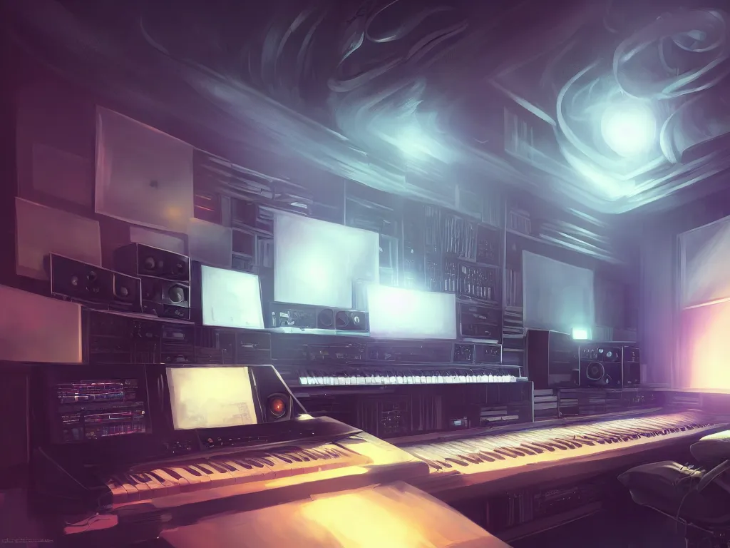 Image similar to a home music studio on deep space, artstation, volumetric light, high detail, reflections, perfect, concept art, hdr, 4 k