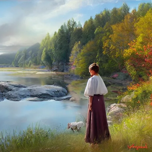 Prompt: Princess Leia, Swedish countryside, landscape view, archipelago, painting by Vladimir Volegov, wlop, artstation