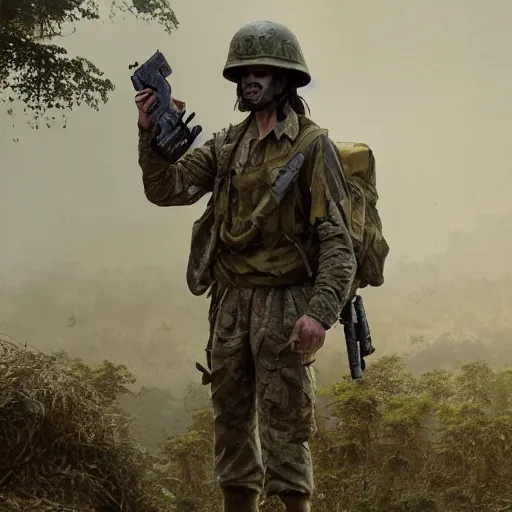 Prompt: an extremely detailed matte painting of a ridiculously good looking jesus that looks like a soldier in the vietnam war, dressed as joker from full metal jacket by stanley kubrick, wearing a ballistic helmet that says'born to save '!!!!, camouflaged gear, jungles of vietnam beautiful, intricate, cinematic, greg rutkowski, stanley kubrick, octane render