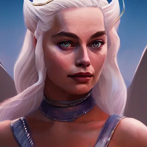 Image similar to Portrait of Margot Robbie as Queen Daenerys Targaryen, mattepainting concept Blizzard pixar maya engine on stylized background splash comics global illumination lighting artstation lois van baarle, ilya kuvshinov, rossdraws