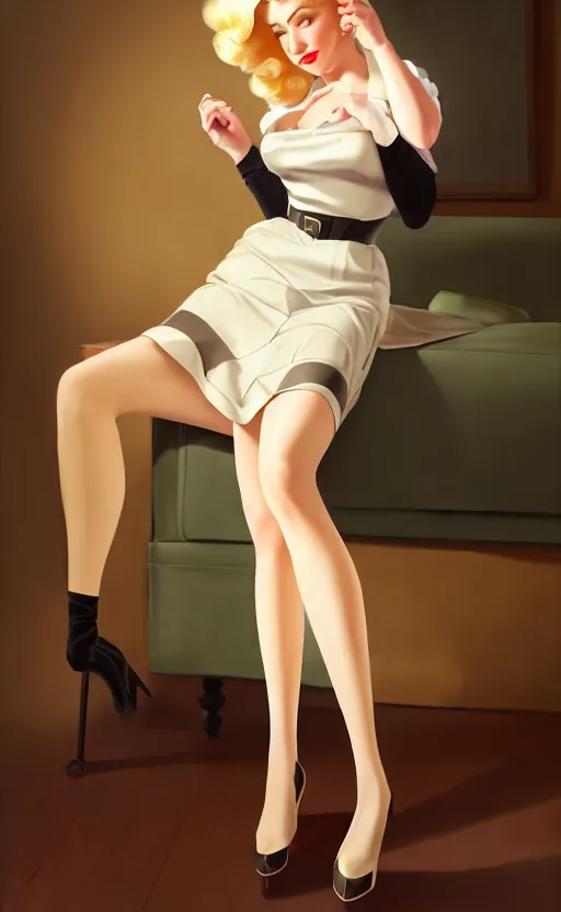 Image similar to a beautiful blonde femme fatale woman wearing a 1 9 4 0 s skirt, silk stockings, and padded shoulders jacket, anime. realistic shaded lighting by ilya kuvshinov giuseppe dangelico pino and michael garmash and rob rey, 8 k