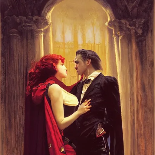 Image similar to attractive male, arthur pendragon confesses his love to attractive male dracula the vampire. highly detailed painting by gaston bussiere, craig mullins, j. c. leyendecker 8 k