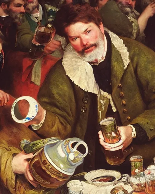 Image similar to a painting of jonathan frakes holding a mug of beer at the oktoberfest, a detailed painting by konstantin makovsky and by jan matejko and by nikolay makovsky, shutterstock contest winner, german romanticism, detailed painting, oil on canvas, wimmelbilder