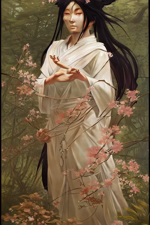 Image similar to Japanese goddess of nature, accurate anatomy, only two hands, highly detailed, digital painting, artstation, concept art, smooth, sharp focus, illustration, Unreal Engine 5, 8K, art by Ross Tran and greg rutkowski and alphonse Mucha