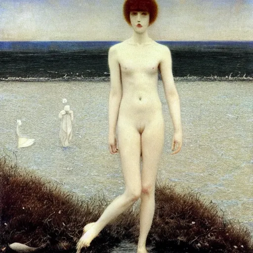 Prompt: The blood-dimmed tide is loosed and everywhere the ceremony of innocence is drowned, painted by Fernand Khnopff