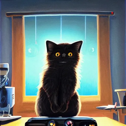 Prompt: cute long haired cat wearing a virtual reality headset, standing upright holding vr controllers playing vr game, detailed painting in the style of ralph mcquarrie 4 k