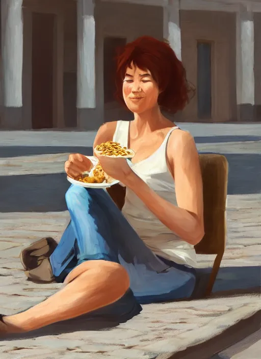 Prompt: woman sitting on the terrace in the morning sun eating porridge, photorealistic, artstation