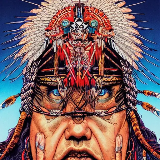 Image similar to portrait of crazy native american, symmetrical, cinematic colors, by yoichi hatakenaka, masamune shirow, josan gonzales and dan mumford, ayami kojima, takato yamamoto, barclay shaw, karol bak, yukito kishiro