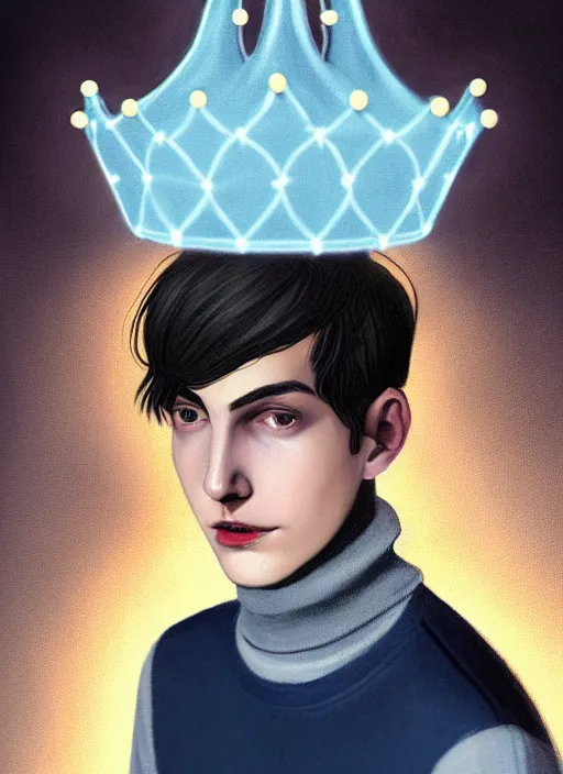 Image similar to portrait of teenage jughead jones wearing a light grey crown, crown, blue turtleneck, 1 9 5 0 s, closed eyes, photorealistic, black hair, glowing lighting, intricate, elegant, glowing lights, highly detailed, digital painting, artstation, concept art, smooth, sharp focus, illustration, art by wlop, mars ravelo and greg rutkowski