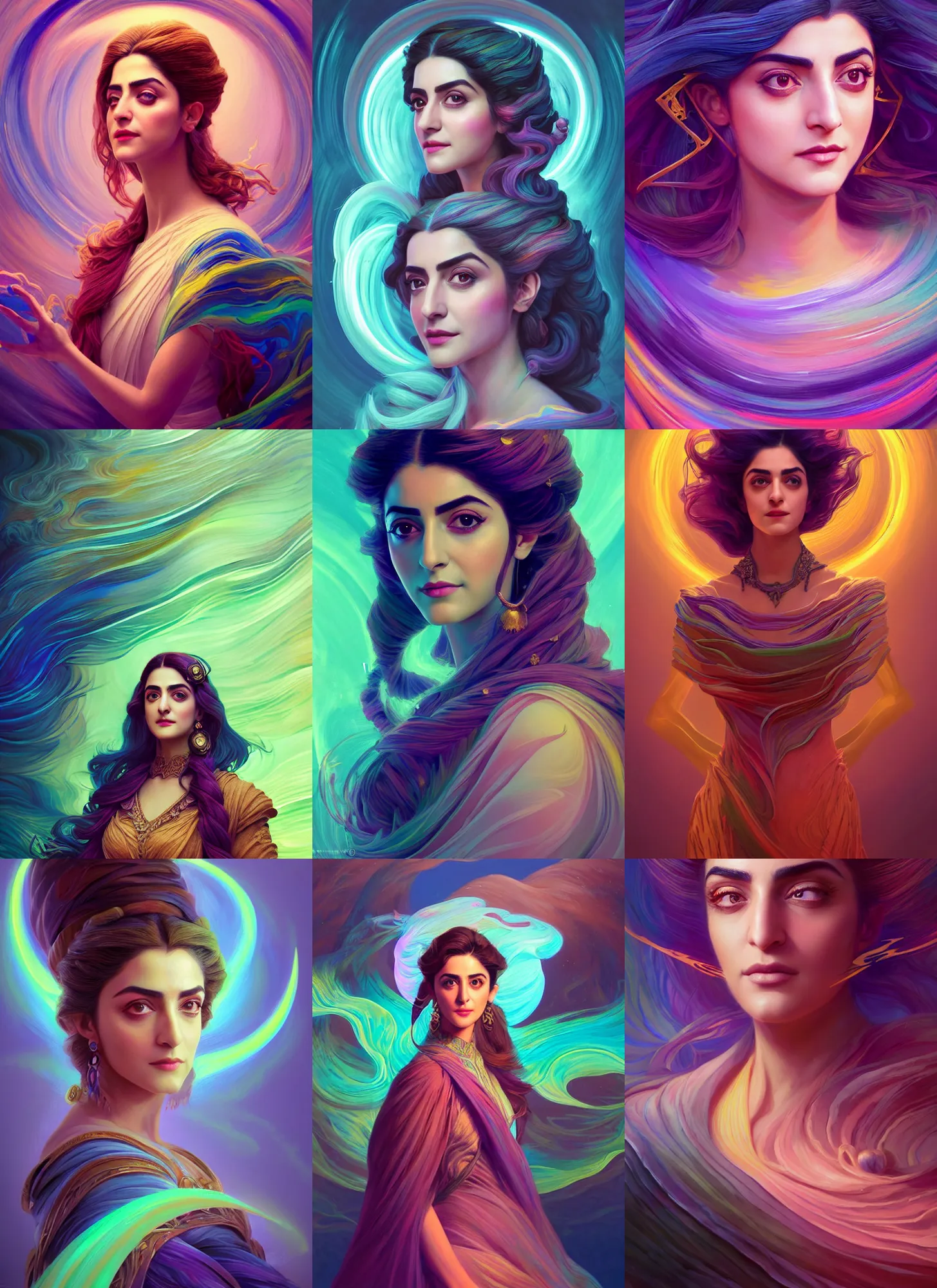 Prompt: painted portrait, maya ali as a wind sorceress, d & d, gloomhaven, soft luminescent glow, art nouveau, concept art, backlit, ripples, swirly vibrant color lines, fantastically gaudy, aesthetic octane render, 8 k hd resolution, by picasso, ilya kuvshinov, cushart krentz, gilleard james