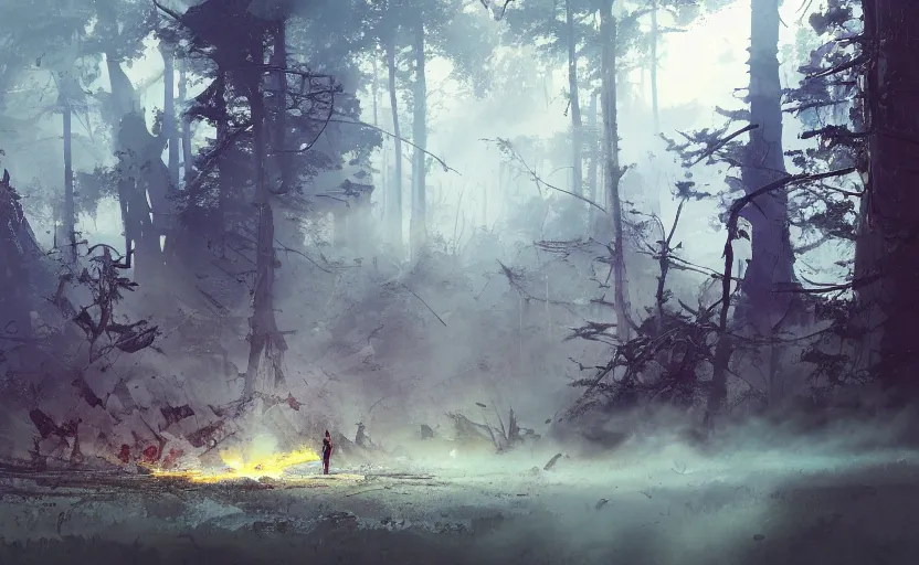 Image similar to one single fighter design spaceship on fire crashed on the ground, on the ground, smoke, smoke, cloudy air, forest, swamp. scattered wreckage and debris, crater. Atmospheric lighting, overgrowth. By Makoto Shinkai, Stanley Artgerm Lau, WLOP, Rossdraws, James Jean, Andrei Riabovitchev, Marc Simonetti, krenz cushart, Sakimichan, trending on ArtStation, digital art.