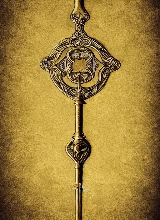 Image similar to medium shot, golden key, fantasy illustration, medieval era, blank background, studio lighting, hand - drawn digital art, 4 k, trending on artstation, symmetry