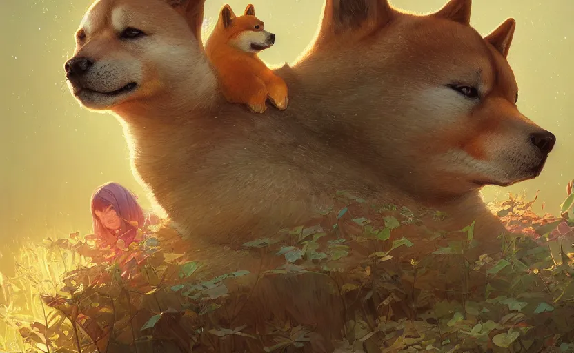 Image similar to Highly detailed portrait of shiba sitting on a bear, Stephen Bliss, unreal engine, fantasy art by Greg Rutkowski, Loish, Rhads, ferdinand knab, Makoto Shinkai and Lois van baarle, ilya kuvshinov, rossdraws, Tom Bagshaw, alphonse mucha, global illumination, radiant light, detailed and intricate environment