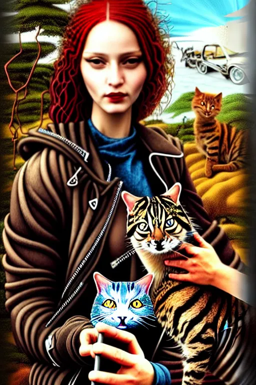 Image similar to punk rock girls making selfie with cats and smoking in jungle , mad max jacket, post apocalyptic, renaissance, highly detailed, digital painting, oil painting by Leonardo Da Vinci, hyper realistic style, fantasy by Olga Fedorova