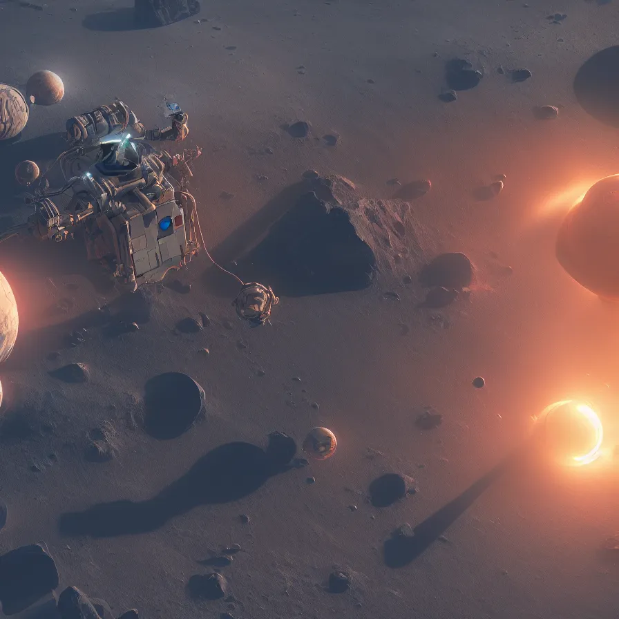 Image similar to sci - fi mining device hooked to a planet's surface, volumetric light, dynamic lights and shadows, concept art, octane, redshift, detailed