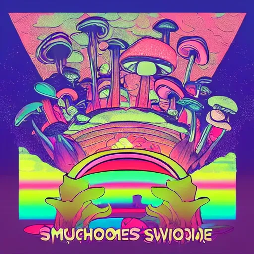 Prompt: mushrooms in the place of flying saucers, hallucinogenic, psychedelics, enhanced vision, vaporwave, future funk, japanese - inspired