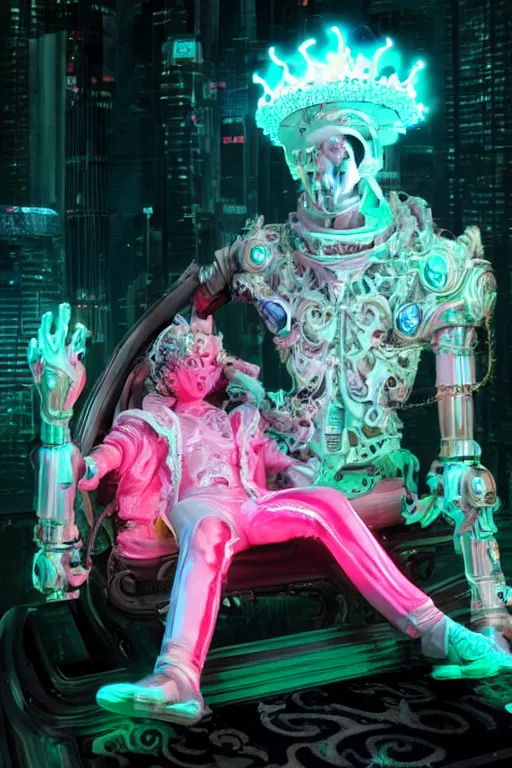 Prompt: full-body rococo and cyberpunk style neon statue of a young attractive portugues macho dotado e rico android sim roupa reclining con las piernas abertas e la piroca dura, glowing white laser eyes, prince crown of pink gears, diamonds, swirling silver-colored silk fabric. futuristic elements. full-length view. space robots. human skulls. intricate artwork by caravaggio. Trending on artstation, octane render, cinematic lighting from the right, hyper realism, octane render, 8k, depth of field, 3D