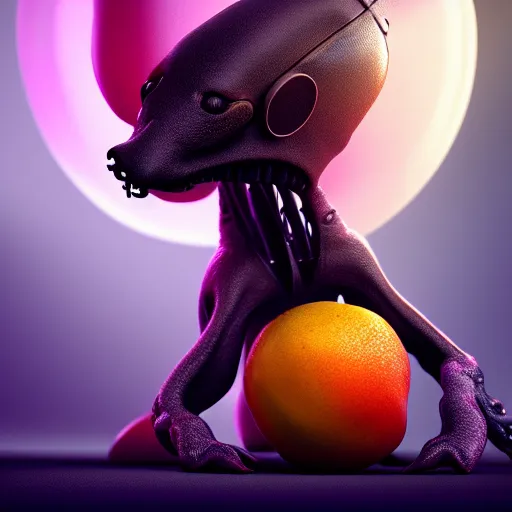 Image similar to beautiful digital fantasy illustration of alien fruit, a creepy dog attacking a stuffed animal, octane render, detail texture, unreal engine, 8 k, photographic quality, ultra hyper realistic quality