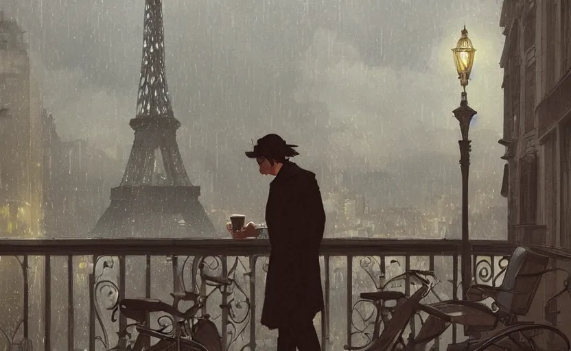 Prompt: gentleman drinking coffee at balcony in france, city with eiffel tower seen behind, night raining, detailed characters, by greg rutkowski, alphonse mucha, beeple, sharp focus, digital art, smooth, light refraction, pixiv art, volumetric lighting, makoto shinkai