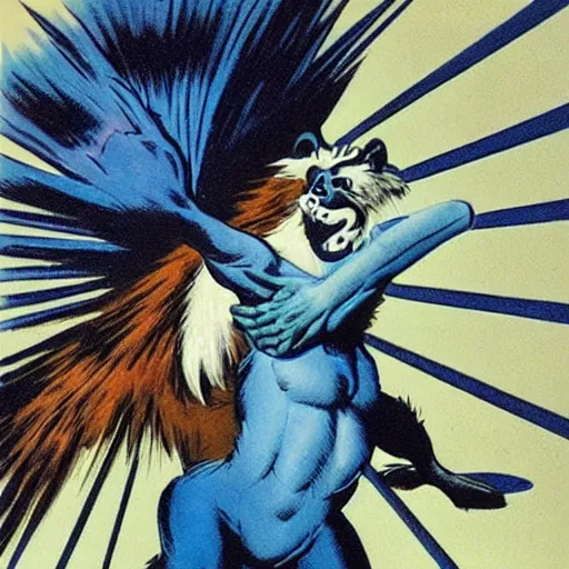 Image similar to a skunk that is blue by richard corben style