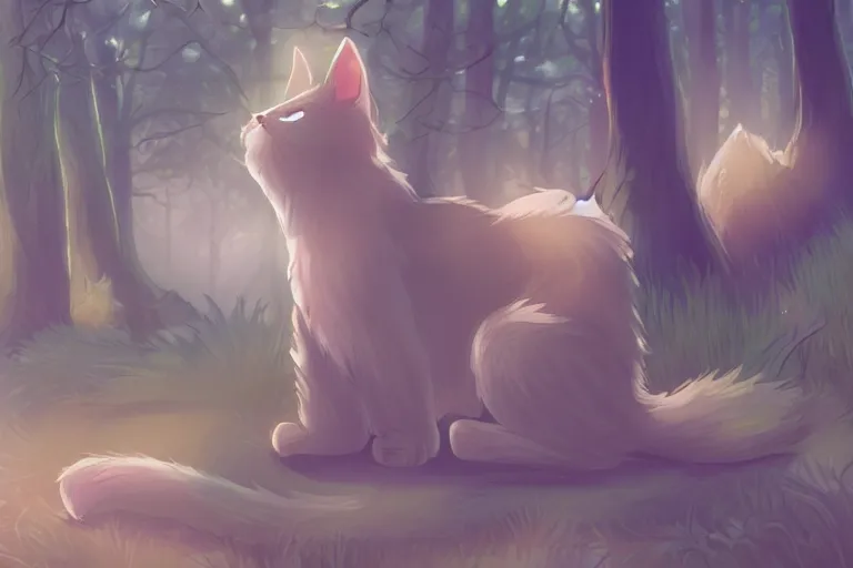 Image similar to a cat in a forest, backlighting, trending on artstation, furry art, by kawacy, warm lighting, digital art