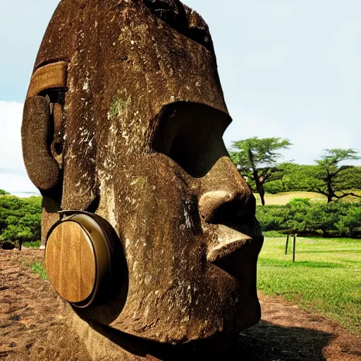 Image similar to a high detail photo of a moai wearing headphones