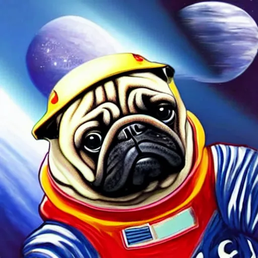 Image similar to hyper realistic, highly detailed, astronaut pug in space.