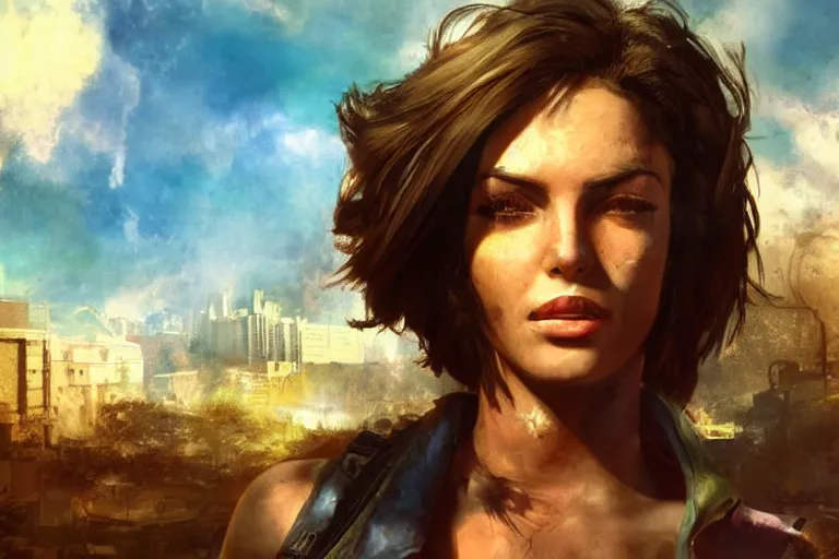 Image similar to fallout 5, charismatic beautiful rugged brunette female protagonist, portrait, outdoors tropical cityscape, atmospheric lighting, painted, intricate, volumetric lighting, beautiful, daytime, sunny weather, few clouds, sharp focus, deep colours, ultra detailed, art by william turner