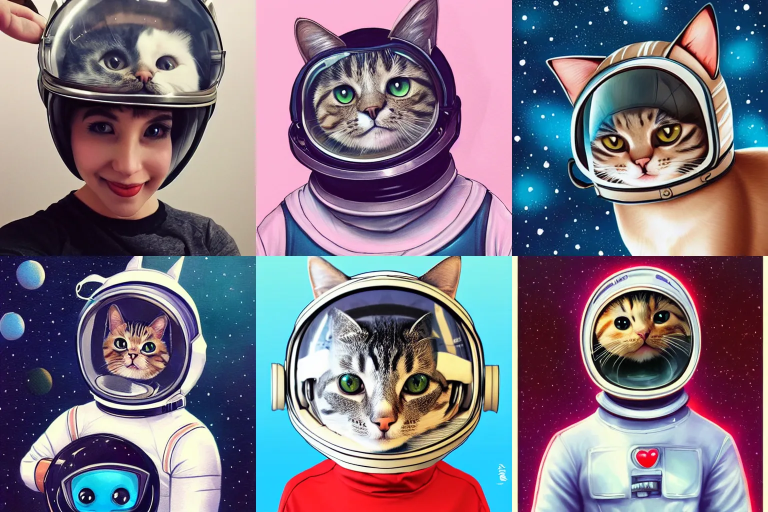 Prompt: a cute cat wearing a space helmet, by Artgerm