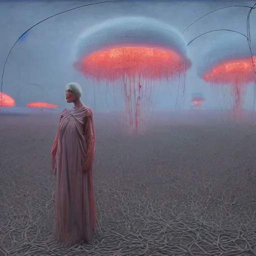 Prompt: A woman wearing clothes made out of thunder clouds and flowers, giant monsters walking in the distance, red skin, Masterpiece, glowing, wires everywhere, by Edgar Maxence and Ross Tran, Zdzisław Beksiński, and Michael Whelan, distant, gustav dore, H.R. Giger, 8k, octane render