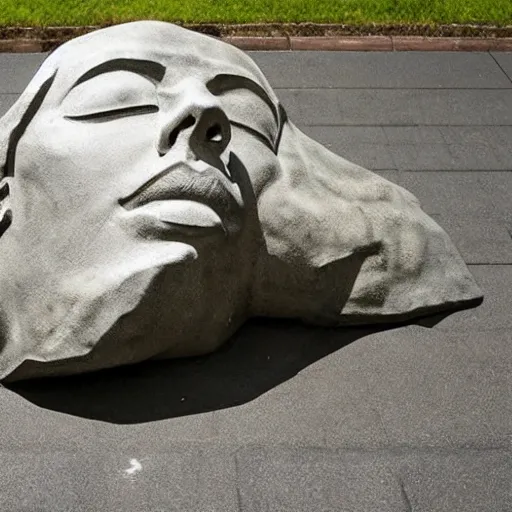 Prompt: giant oversized statue of libertys head with crown is lying sideways on the ground
