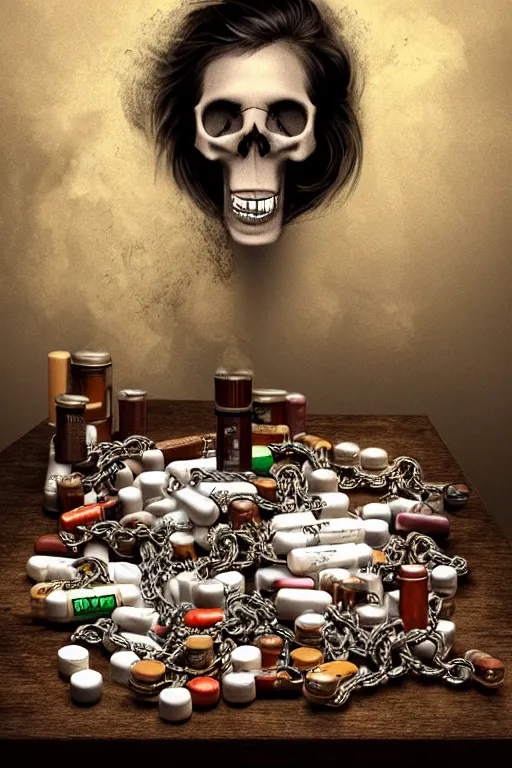Prompt: beutifull and very tired womanlooking pile Off pills, drugs, cigarrette boxes and a skull on a wooden table, skull made out of smoke coming out of pills, fantasy, intricate, elegant, highly detailed, digital painting, artstation, concept art, addiction, chains, smooth, sharp focus, illustration, art by Ilja Repin