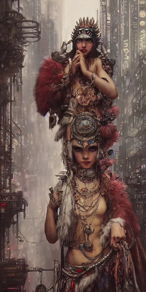 Prompt: hyper realistic Princess Mononoke, ornate mask, wet market street, cyberpunk metropolis, city landscape, jewels, style of tom bagshaw, mucha, james gurney, norman rockwell, denoised, sharp