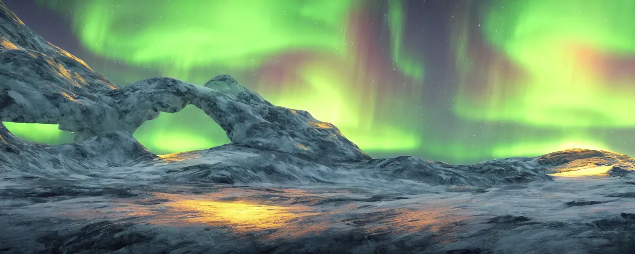 Image similar to a beautiful landscape with northern lights 8 k uhd, unreal engine, octane render in the artstyle of finnian macmanus, john park and greg rutkowski