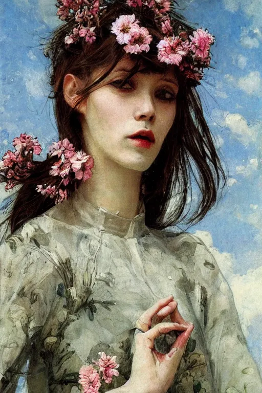 Prompt: close - up fashion woman cyborg skinny waif frail portrait airy flowers cloudy sky art by vasnetsov