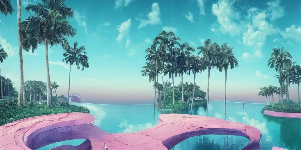 Image similar to Beeple masterpiece, hyperrealistic surrealism, award winning masterpiece with incredible details, epic stunning, infinity pool, a surreal vaporwave liminal space, highly detailed, trending on ArtStation, calming, meditative, pink arches, palm trees, very vaporwave, very very surreal, sharp details, dreamscape, giant head statue ruins