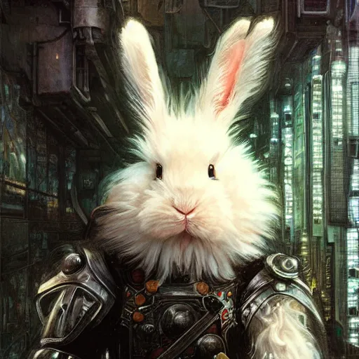 Image similar to the white dwarf lionhead bunny rabbit as a cyberpunk knight, closeup portrait art by norman rockwell and donato giancola and greg rutkowski