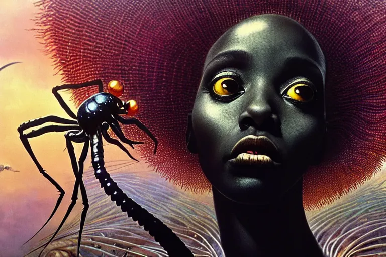 Prompt: realistic detailed closeup portrait movie shot of a beautiful black woman dancing with a giant spider, futuristic sci fi landscape background by denis villeneuve, jean deville, amano, yves tanguy, ernst haeckel, alphonse mucha, max ernst, caravaggio, roger dean, sci - fi necklace, fashion, masterpiece, rich moody colours