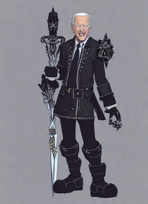 Prompt: joe biden as a kingdom hearts keyblade villain, official square enix concept art, intricate design, high definition, delicate patterned, fantasy, fashionable rpg clothing