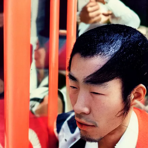 Prompt: A portrait of an A Japanese man with a black power hairstyle, photo made by Slim Aarons, award winning, closeup
